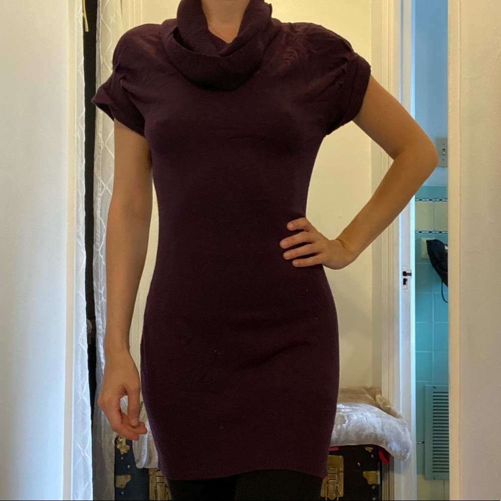 Purple cowl neck short sleeved sweater dress